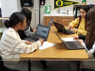 Photos of 4 students working on laptops.