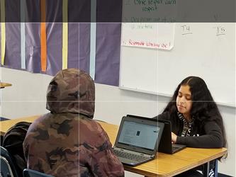 Photos of students working in an AVID class. 